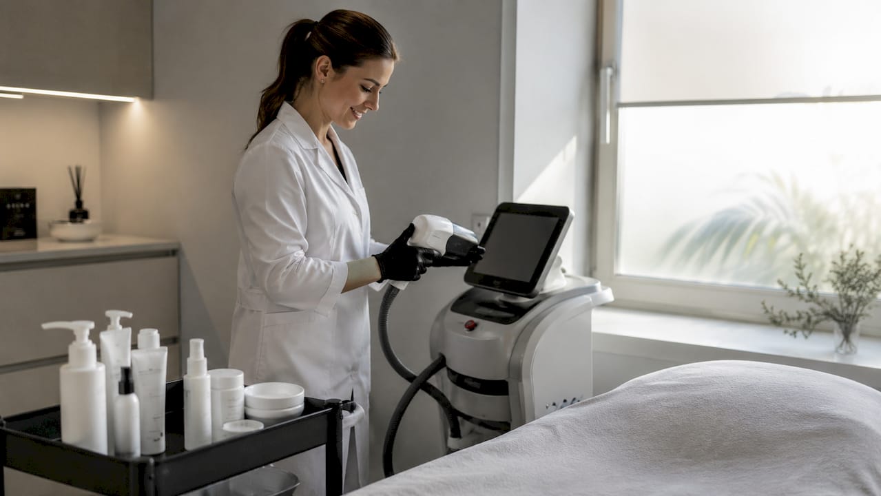 Odborník v estetickej klinike pripravuje prístroj na laserovú epiláciu pred zákrokom.